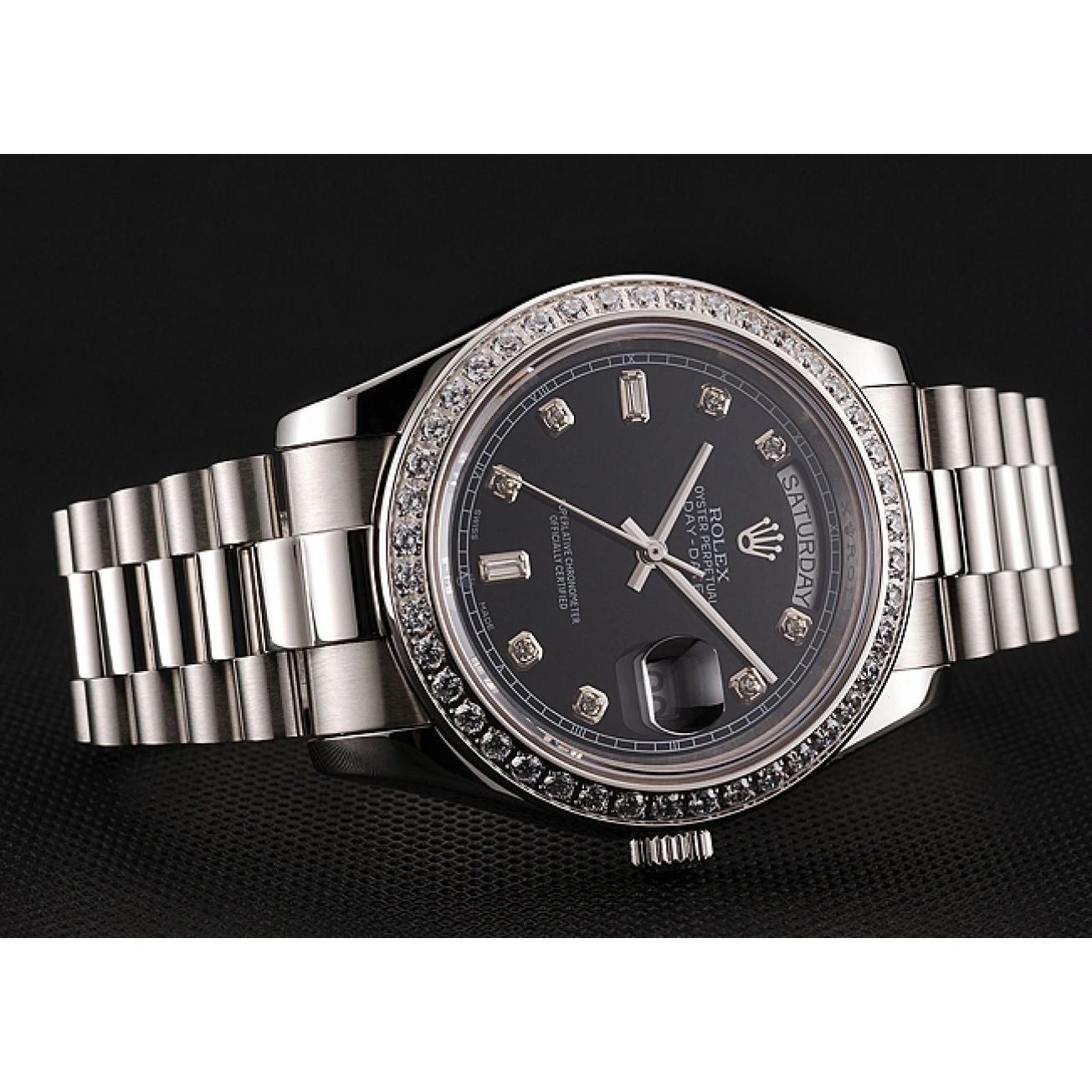 MiroTime 0825 Swiss Rolex Day-Date Black Dial Diamond Case Diamond Numerals Stainless Steel Bracelet 1453966
